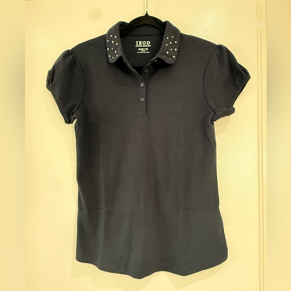 Izod Girls Polo Shirt Short Sleeve Rhinestone Collar in navy size XL